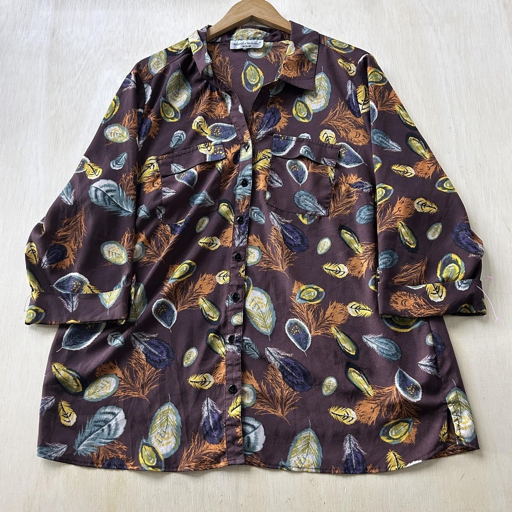 Y2K Rebecca Malone Shirt Womens XL Multicolor Feather Print 3/4 Sleeve Tunic Top